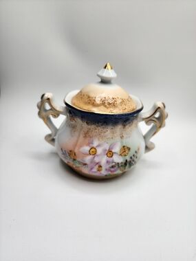 Vintage Porcelain Floral Sugar Bowl with Gold Accents Garden Scene English Tea